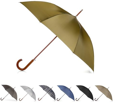 Totes Eco Auto Open Umbrella Classic Wooden J Stick Handle with Easy Grip - Windproof, Rainproof and Durable Canopy Design – Versatile Travel, Perfect for Rainy Days, Olive Green, One Size, Auto Open