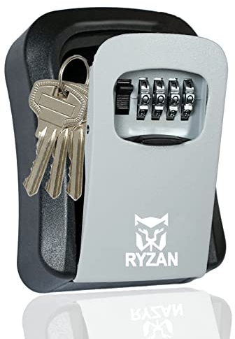 RYZAN Key Safe Box 4 Digit Combination Code Wall-Mounted Heavy Duty High Security Lock Indoor Outdoor Secret Safety Storage Case Hidden Compartment Weatherproof, Silver