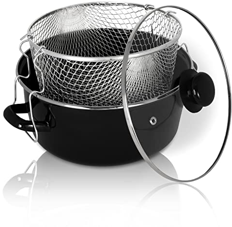 Krüger Emaille-Pommes-Frites-Topf mit Chromrand, Siebeinsatz und Aufliege-Glasdeckel - 24cm - perfekte Wärmeleitung - Topf zum Frittieren von Pommes-Frites, Calamares, etc.