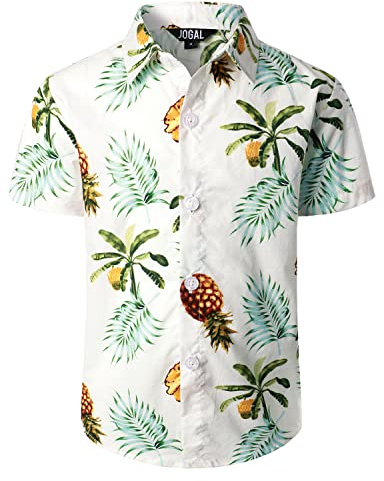 JOGAL Chemise hawaïenne à manches courtes pour garçon en coton pour l'été et les loisirs pour enfants, 8 ans