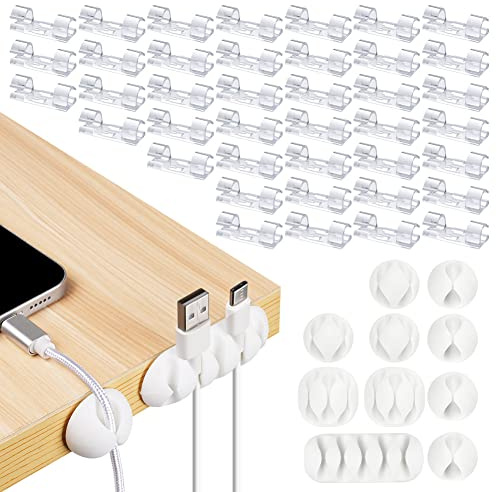 URAQT Cable Clip Organizer Set, 50 Pcs Cable Management Organizer, Self Adhesive Wire Organizer for Home Office Desktop, Cable Holders for Power Cables, Charging Cables, Mouse Cables
