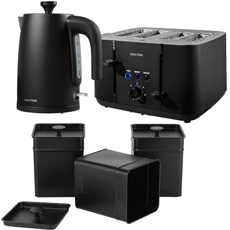 Salter COMBO-8685 Kuro Kettle and Toaster Set – with Storage Canisters, Tea/Coffee/Sugar Tins, 1.7L Rapid Boil Kettle, Limescale Filter, 4-Slice Toaster, Self-Centring Bread Guides, 3kW/1850W, Black