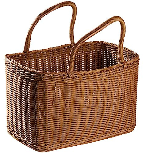 1 cesta de mimbre con asa para picnic, cesta de mercado, asas de flores, paja, fruta, regalo, compras, bolsa de mano, marrón