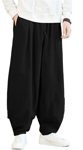Linnebyxor kampsportbyxor kung fu-byxor yogalykta byxor joggingbyxor avslappnad passform yogabyxor för män kvinnor, Svart, 3XL
