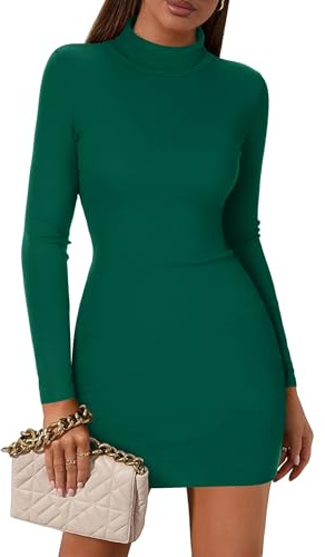 Zeagoo Damklänningar, långärmad bodycon festklänning, elegant polotröja, vinterklänningar, snäv klänning, Grön, M