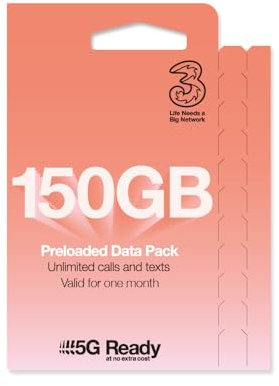Three Mobile PAYG Voice SIM Pack, Pre-loaded with 150GB of data, unlimited minutes and texts. Second month receive 200GB for same price!
