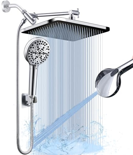 BSTHAONE 14'' High Pressure Rainfall Shower Head with Handheld-11Modes with Power Jets, Adjustable Rain Showerhead,Double Shower heads design,70Hose&detachable Holder Upgrade for Tandem Bathroom
