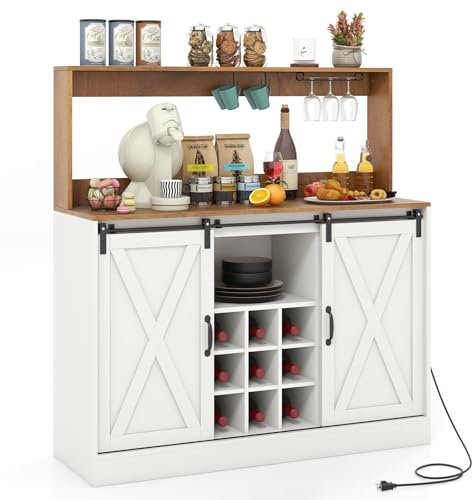 COSTWAY Küchenschrank mit Ladestation, Buffetschrank mit Arbeitsplatte, Schiebetüren, herausnehmbarem Weinregal, Glashaltern, Aufbewahrungsschrank für Küche Esszimmer Wohnzimmer