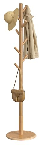 VASAGLE Coat Rack, Solid Wood Coat Stand, Free Standing Hall Coat Tree with 8 Hooks for Coats, Hats, Bags, Purses, for Entryway, Hallway, Rubberwood Hooks and Pole, Natural Beige RCR009YK01