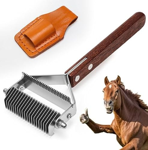 2-In-1 Horse Mane Comb with Leather Show Comb Holder, Undercoat Grooming Rake for Goats, Cow,Livestock,Pet, 20 Stainless Blades and Wood Handle