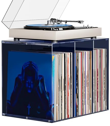 Bikoney Almacenamiento de Discos de Vinilo Azul Medianoche, Soporte de Acrílico Apilable para LPs, Caja Moderna para Colección de Vinilos, Organizador de Discos Tintado Azul, Diseño Elegante