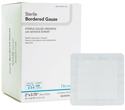 DermaRite's Sterile Bordered Gauze Dressing with Adhesive Border - Flexible Non-Linting Material, First-Aid, Individually Packaged - 2 in. x 3-3/4 in., 1 Count, 50 Packs, 50 Total