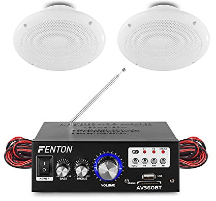 eAudio Bluetooth Ceiling Speaker System with Waterproof 5 Speakers, Stereo Amplifier with FM Radio, MP3 USB & Wireless Audio Streaming – Home, Kitchen, Bathroom & Cafe Installation Kit (Pair)