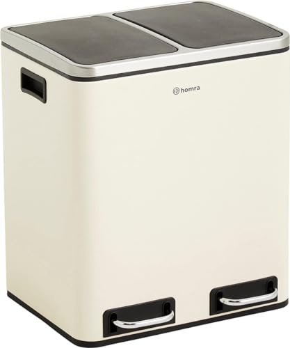 Homra Dual Kitchen Bin 30l – Double Rubbish Bins 2x15l – 2 Compartment Pedal System – Twin Section Waste&Recycling Separation – Soft Close Design – Inner Buckets with Handles – Stainless Steel
