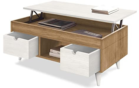 HOGAR24 ES Scala - Mesa Centro Elevable Madera Maciza Natural, Combinado Color Madera Encerada y Blanco. Medidas: 100cm x 50cm x 47cm.