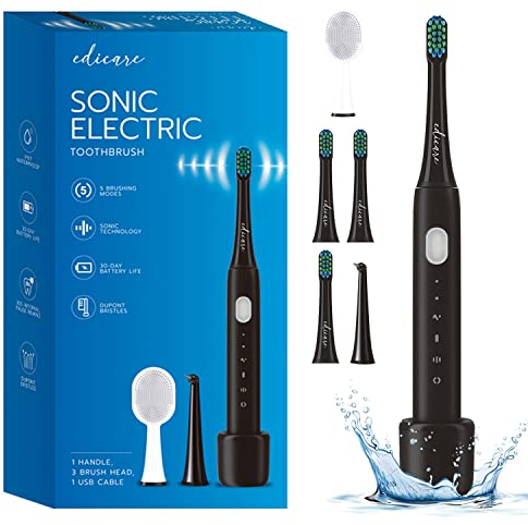 Edicare, Spazzolino Sonico, Elettrico, 5 Testine, Ricaricabile USB, IPX7 Impermeabile, 5 Modaltà di Spazzolamento, Pulizia Denti, Tartaro (Spazzolino)