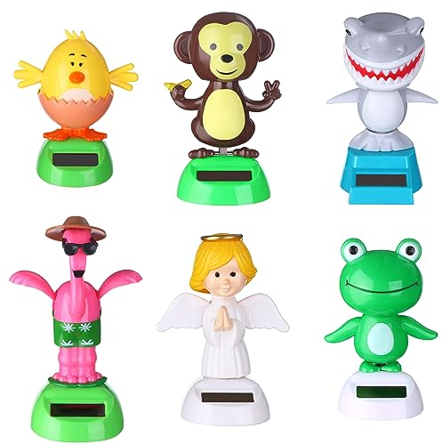 6 Pcs Solar Powered Dancing Animal Dolls Swinging Animated Bobble Dancer Window Sun Catcher Car Decor Portable Suncatchers,Frog Angel Shark Flamingo Home Car Ornament Kids Toys Gifts