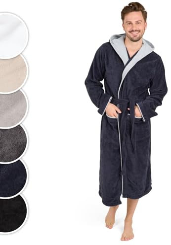 Blumtal Bademantel Herren Baumwolle 100% in L - OEKO-TEX zert. Morgenmantel Herren Kapuze - Bademantel Herren Frottee + Velours - Saunamantel Herren - Bademantel Baumwolle Herren in Dunkelblau-Blau