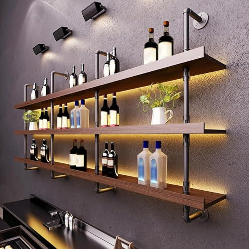Enoteca Galleggiante A Parete in Legno/Mensole da Muro Mensole da Muro Portabottiglie/espositore Industriale da Bar Con Luce LED, Scaffali da Cucina per Liquori, Portabottiglie di Vino (100*22*120CM)