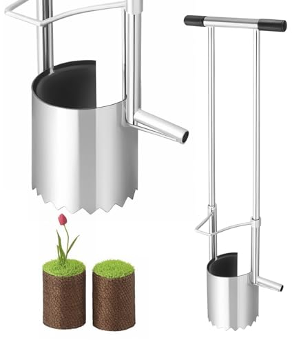 XiaoXIN Herramienta para plantar bulbos, mango largo, base dentada, trasplantador de bulbos de jardinería con agarre suave, plantador de bulbos de mango largo resistente, taponador de césped para cava