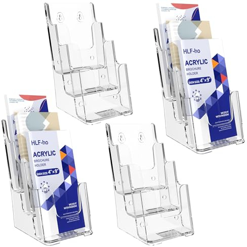 HLF-ho Brochure Holder 4x9 Inch 3 Tier Acrylic Literature Holders Clear Plastic Flyer Display Stand Countertop Use or Wall Mount Pamphlet Holder Organizer for Office, Lobby, Hotel, Trade Show, 4 Pack