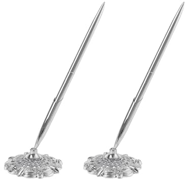 JIHUOO Ensemble de 2 stylos de signature de mariage et support en métal, stylos à bille pour livre d'or, stylo de signature pour mariage avec support pour enseignant de mariage, engagement, argenté