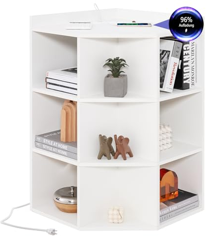COSTWAY 3-stöckiges Eck-Bücherregal mit Ladestation, Eckregal mit 9 Fächern, 2 USB-Anschlüssen & 4 Steckdosen, Aufbewahrungsregal für Schlafzimmer, Wohnzimmer (Weiß)