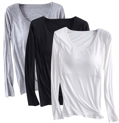 Lot de 3 t-shirts en modal avec soutien-gorge intégré pour femme – Chemise rembourrée à manches longues – Haut de yoga doux confortable – Vêtements de sport décontractés – Chemise d'entraînement
