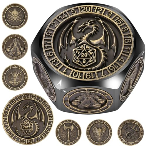 Set de Dés Rotatifs DND, 7-en-1 Métal Dés Spinner, Design Relief 3D Hexagone-8 Côtés, Dés Polyédriques Rotatifs pour Jeux de Rôle, Cadeaux D&D avec Boîte Cadeau, Accessoires de Jeux de Société, Noir