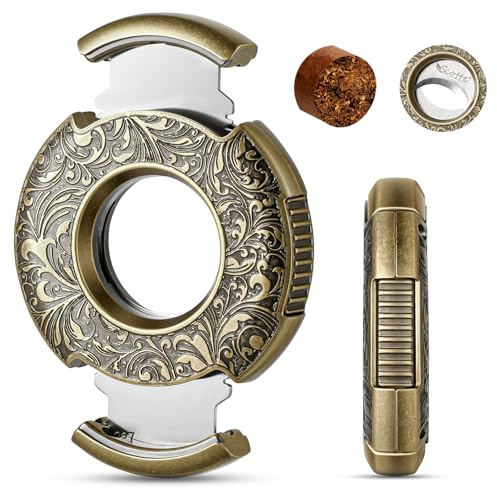 Scotte Tagliasigari a ghigliottina in bronzo inciso, forma rotonda, doppia lama in acciaio inox, accessorio portatile per sigari, in confezione regalo