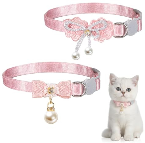 2 PCS Pink Kitten Collar, Adjustable Cat Collar Breakaway with Bow, Cute Cat Collars for Girl Cats with Pearl Pendant, Pink Breakaway Cats Collars