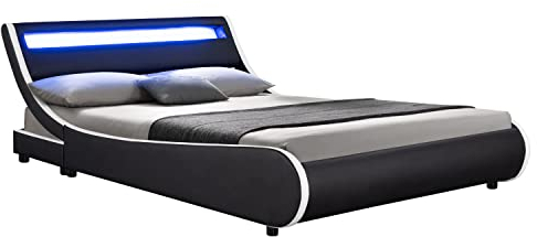 Juskys Polsterbett Valencia 180x200 cm mit LED Beleuchtung, Lattenrost, Kopfteil & Kunstleder - Bett Jugendbett Bettgestell Doppelbett - schwarz