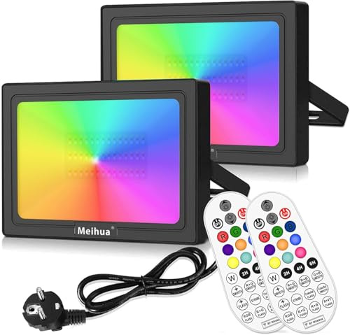 MEIHUA 60W RGB LED Strahler 2 Pack mit Fernbedienung, IP66 Wasserdicht Fluter Außen 10Farben 12Modi Farbewechsel Dimmbar Flutlicht Innen Outdoor mit Timer Speicherfunktion für Garten Baum Landschaft