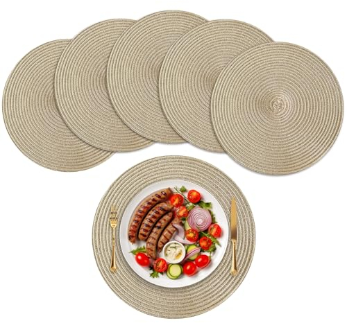 wiipara Runde Tischsets Platzsets Abwaschbar 6er Set, Geflochten Baumwolle Platzdeckchen 38cm, Tischset Rund Boho Platzteller Hitzebeständig für Esszimmer, Küche, Hochzeit, Weihnachten - Gold
