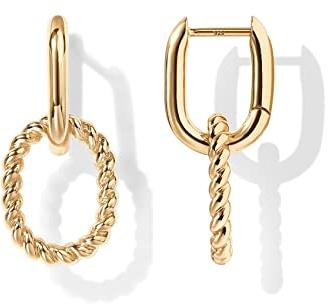 PAVOI 14K Yellow Gold Plated Convertible Twisted Rope and Plain Paperclip Link Earrings for Women - Braided Drop Dangle Huggie Hoop Earrings