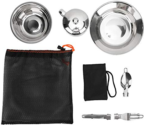 Utomhusservisset, Campingmatlagningsredskap i Rostfritt Stål med Reseförvaringspåse Mess-kit, Camp Kokkärl för Utomhusgrill Picknick Vandring Hemmatlagningstillbehör