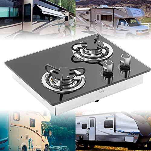 Cuisinière à Gaz RV 2 Brûleurs Table de Cuisson à Gaz Ustensiles de Cuisine En Plein Air 1.8Kw Rechaud camping gaz Puissance Panneau En Verre Trempé pour Bateau Caravane Camping-car