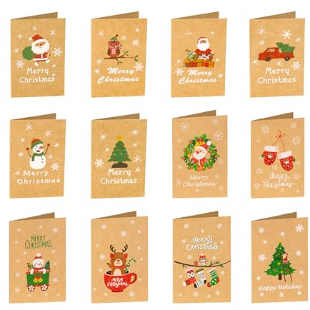 VIKY® 12 Stück Weihnachtskarten mit Umschlag Set, Weihnachtskarte mit Aufkleber, Kraftpapier Grußkarten Weihnachten Postkarten, Mini Christmas Cards, Weihnachtspostkarten für Kinder Familie Freund
