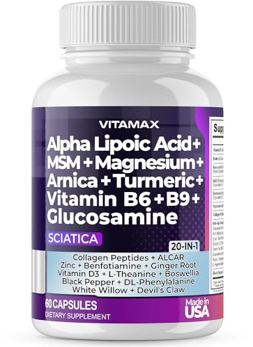 Sciatic Nerve Health Support - Sciatic Nerve Supplement Capsules with Folic Acid, Pea, Glucosamine, MSM, Vitamin B Complex, Alpha Lipoic Acid 300mg – 60ct – Made in USA