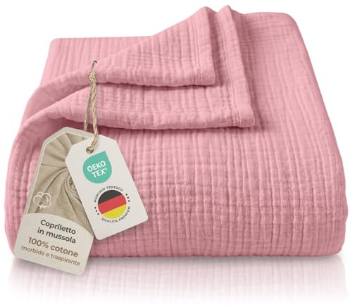 LAYNENBURG Premium Musselin Tagesdecke 150x200 cm - 100% Baumwolle - extraweiche, leichte Sommerdecke als Kuscheldecke, Bett-Überwurf, Baumwolldecke, Couch-Überwurf - warme Sofa-Decke (Altrosa)