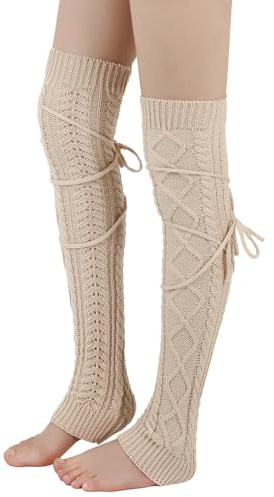 FANSU Guêtres Femme Chaude Lacer, Lot de 2 Paires de Jambiere Femme Hiver, Jambières à Tricoter d'Hiver Tricot Jambe Chaussette pour Fille, Ballet,Yoga (60cm,Beige)