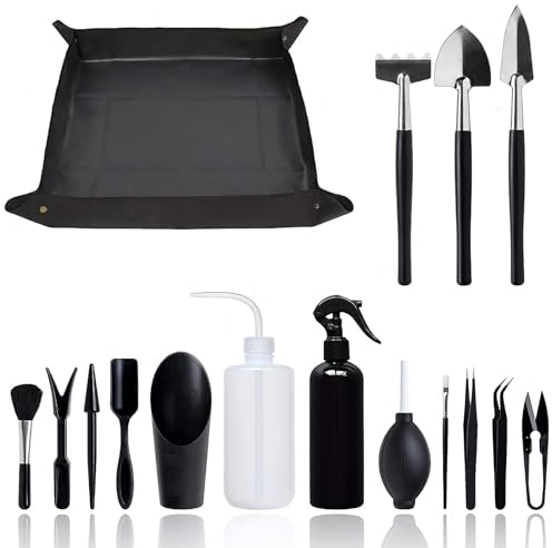 16 Stück Umtopfmatte,wasserdichte Gartenmatte Pflanzmatte, 75x75cm pflanzunterlage mit Mini-Gartenwerkzeug-Set für Gartenarbeit nach Hause Baumschule Töpfe sukkulenten Pflanzen(Schwarz)