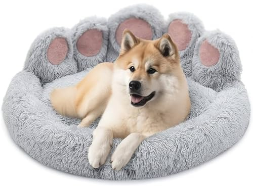 pfoten&nasen® Bärenpfote Hundebett [Hellgrau, XXL-120cm] – Exklusives Donut Hundebett im Bärenpfoten-Design, Flauschiges Rundes Kuschelbett für Große Hunde, Waschbar & Bequem