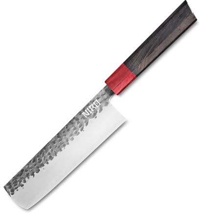 NIRO Coltello Professionale Giapponese Nakiri in Acciaio Damascato, 67 Strati, Durezza 60 HRC, Manico Pregiato in Ebano e Sandalo, Bilanciamento perfetto, Resistente all’usura