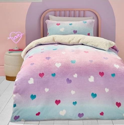 Bedlam - Funda de edredón de Forro Polar con diseño de corazón Rosa, tamaño Individual (140 x 200 cm), Funda de edredón Suave y acogedora para niñas, Ropa de Cama arcoíris con corazón de Amor para