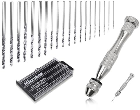 Lhbwhiz 21 Stück Handbohrer,Mini Bohrmaschine Pin Vise,Spiralbohrer Bit,Mini Bohrer,Hand Drill,modellbau zubehör,für Epoxidharz Model Making,DIY Drilling,Metal Wood Handbohrmaschine(Silber,0.3-1.6 mm)