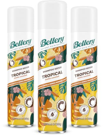 Bellery Tropical Exotic Coconut Dry Shampoo - Shampoo Secco Spray per Tutti i Tipi di Capelli - Formula Rinfrescante e Ravvivante - Fragranza Esotica e Avvolgente - 3 Shampoo Spray da 200ml