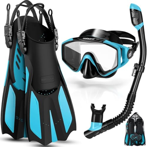 Snorkel Set for Adults, Anti-Fog Diving Mask with Dry Top Snorkel & Swim Fins, Wide View Scuba Flippers Snorkeling Gear for Men Women Youth