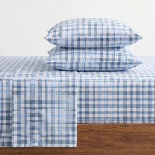 Eddie Bauer - Set di biancheria da letto king size, in flanella di cotone con federe abbinate, spazzolato per una maggiore morbidezza, tasca profonda, certificato Oeko-Tex (blu tartan con punta di