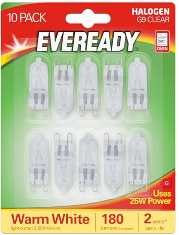 Eveready G9 Capsule Halogen Light Bulb, 25W, 240lm, 2800K Warm White, Dimmable, 300 Degree Oven Tolerant, for Chandeliers, Ovens, and Lamps, Pack of 10